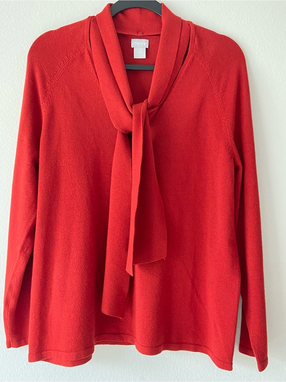 CHICO'S Dark Red Tie Neck Long Sleeve Knit Sweater Top Size 2 (Large)